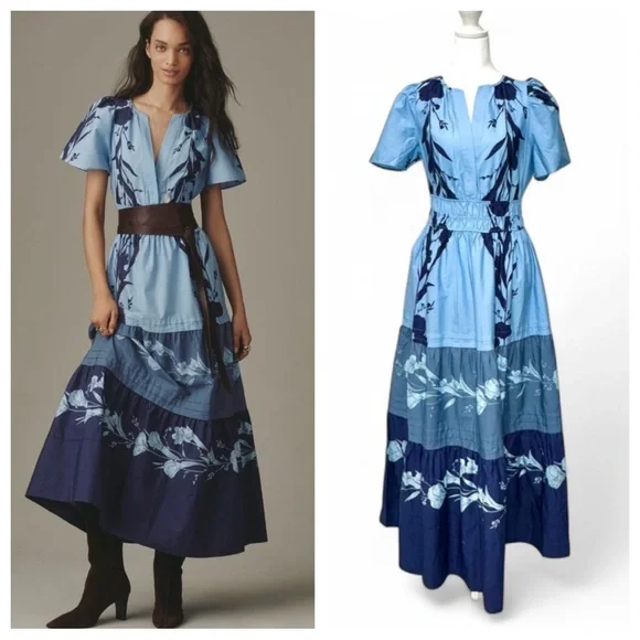 Anthropologie Somerset Blue Floral Tiered Maxi Dress NWT XS Boho Viral Spring - Picture 1 of 12